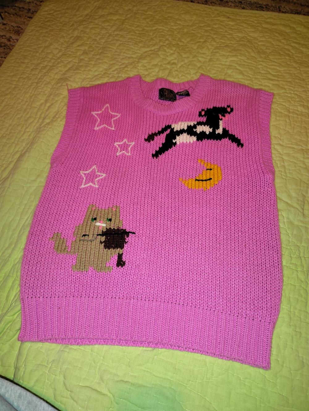 Pink Knit Sleeveless Vest with Cat, Moon & Star Intarsia